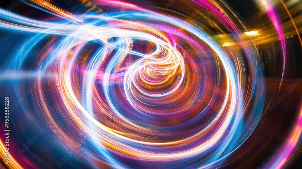 Poster a vibrant swirl of colorful light patterns creating a mesmerizing visual effect, ideal for modern ar