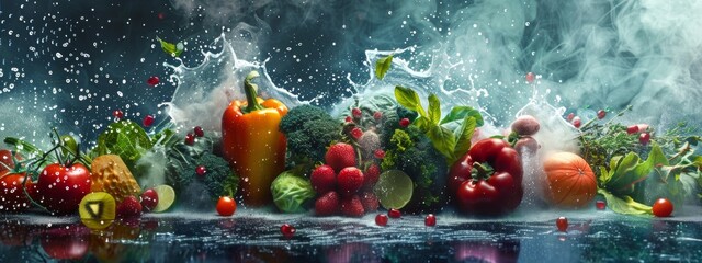 Fresh vegetables and fruits splashing in water on dark background © Juan