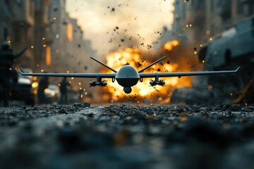 A drone is flying low amidst explosions in an urban warfare scenario, emphasizing the chaotic nature of modern combat in densely populated areas and the role of drones in such operations.