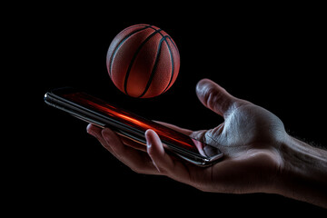 A basketball floating above a smartphone, symbolizing sports technology and digital interaction.
