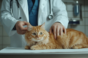 A ginger cat sitting calmly on a veterinary examination table, being gently examined by a veterinarian in a clinic. The scene is professional and caring.