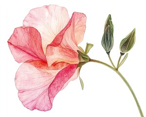 A watercolor depiction of a single sweet pea flower with light pink petals, isolated on a white background