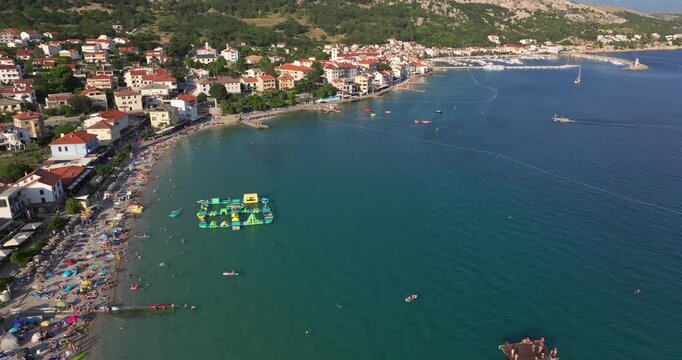 Aerial view Vela plaza Beach in Baska Town, Krk Island in Croatia