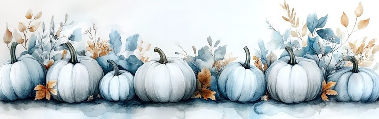 Watercolor White and Blue Pumpkins with Delicate Leaves and Flowers