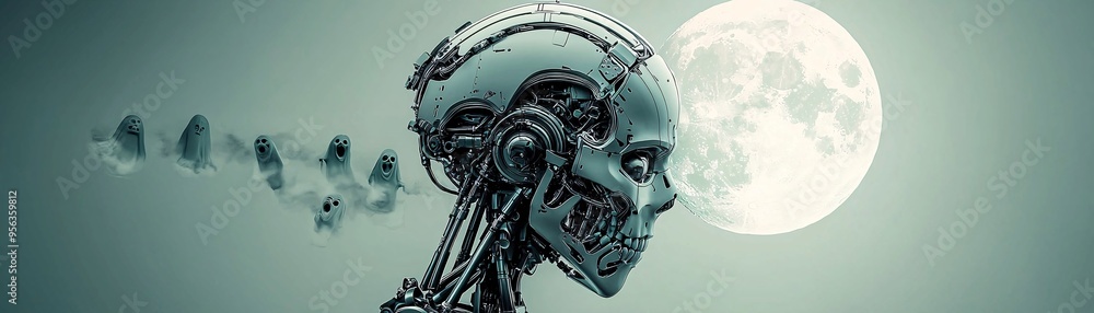 Poster a metallic robot with skeletal features stands under a full moon, surrounded by ghostly figures and 
