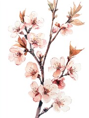 Obraz premium A watercolor illustration of a cherry blossom branch with pale pink flowers and delicate brown branches, isolated on a white background