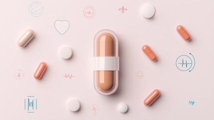 Capsule surrounded by digital health symbols, flat design illustration