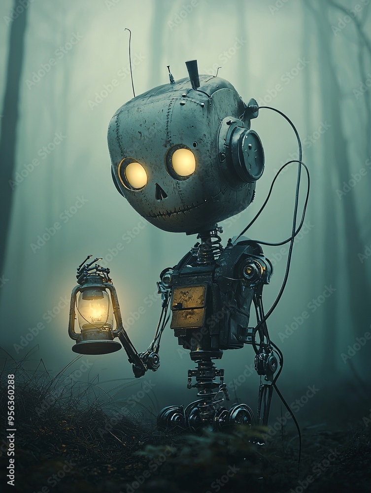 Poster A spooky robot with skeletal features holds a glowing lantern, guiding the way through a dark, misty forest. The composition includes generous copy space for additional elements.