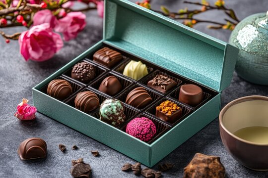 An assortment of gourmet chocolates beautifully arranged in an open turquoise box. Accompanied by decorations like pink flowers and green elements, the chocolates look inviting.