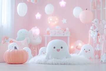 A cozy Japanese room decorated with kawaii Halloween items such as ghost-shaped cushions and pumpkin lanterns, with a focus on soft pastel colors. The image offers ample copy space for text.