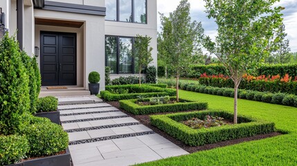 Serene Elegance: Minimalistic Front Yard Design with Short Hedge, Stepping Stones, and Modern Decor