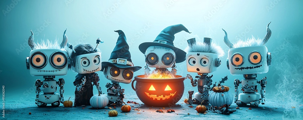 Aufkleber a group of robots dressed in halloween costumes, like witches and vampires, gather around a glowing 