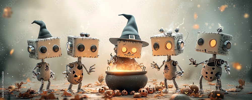 Aufkleber a group of robots dressed in halloween costumes, like witches and vampires, gather around a glowing 