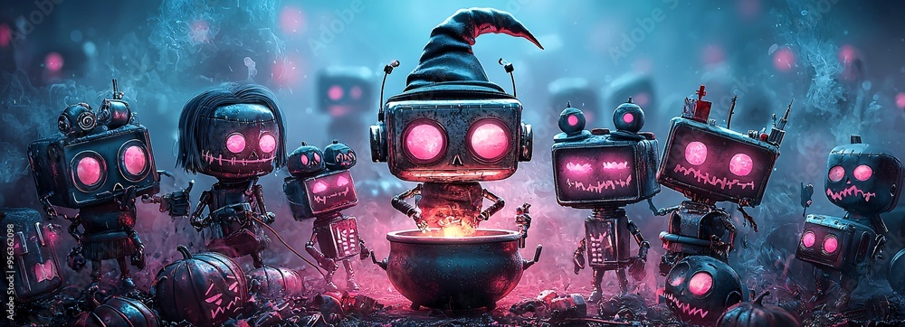 Poster a group of robots dressed in halloween costumes, like witches and vampires, gather around a glowing 