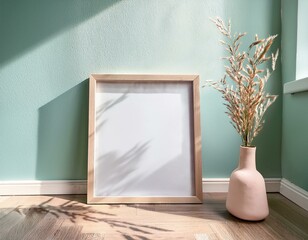 Poster picture frame mockup on wooden tiles floor with aesthetic shadow