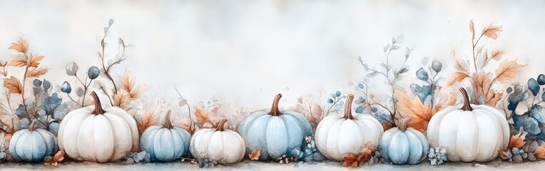 Watercolor White and Blue Pumpkins with Delicate Leaves and Flowers