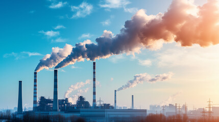 Elektrownia z kominami wytwarzającymi dym, z niebieskim niebem w tle. Obrazek pokazuje emisję CO2 do atmosfery i podkreśla wyzwania związane z zanieczyszczeniem powietrza oraz rynek handlu emisjami.
