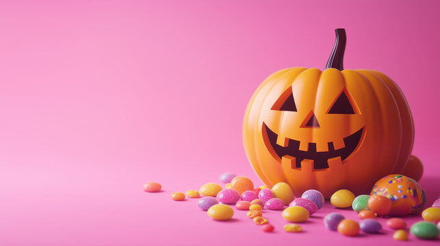 Uśmiechnięta dynia w minimalistycznym stylu, otoczona cukierkami. Przyjazny i elegancki design doskonale pasuje do dekoracji i materiał&oacute;w promujących Halloween.