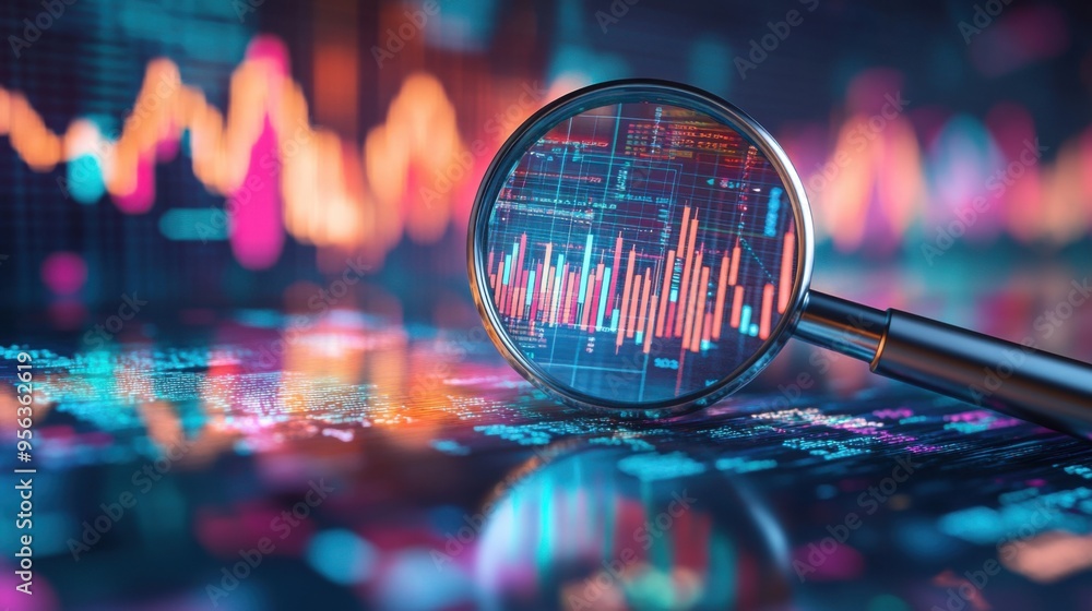 Poster enhancing financial growth - magnifying glass focuses on sharp data points in chart