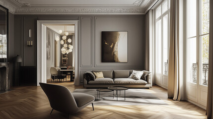 Współczesny salon z eleganckim parkietem i nowoczesnymi meblami. Minimalistyczny design i wyrafinowane akcesoria nadają wnętrzu nowoczesny  wygląd.