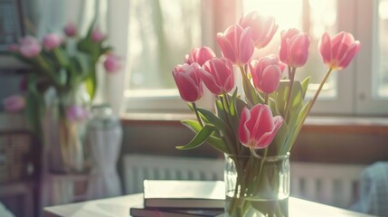 Bouquet of pink tulips in a vase on a table with soft sunlight in the background
