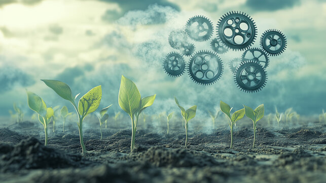 Symbolic Illustration of Small and Medium Enterprises as Seedlings in Arid Landscape with Gears Representing Internal Control Systems