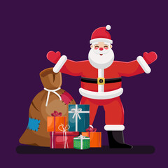 Flat illustration merry christmas, happy santa claus with box gift