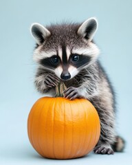 Obraz premium Raccoon climbing on top of a small pumpkin on a light blue background