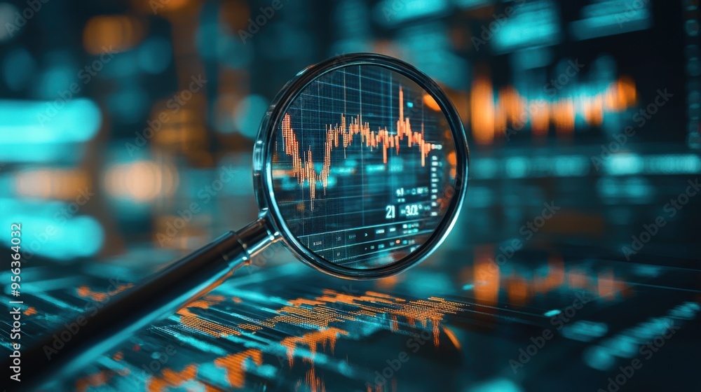 Poster detailed market analysis chart revealed through magnifying glass with sharp focus on key data - prof