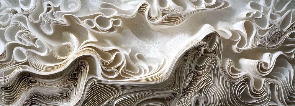 Poster 16. a cascade of paper forms with detailed cuts and varying depths creating a fluid, three-dimension