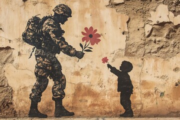 Soldier and child exchanging flowers on a wall mural