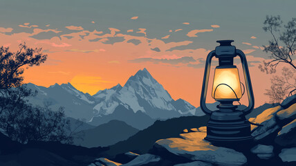 A glowing lantern illuminates a mountain landscape at sunset with vibrant colors and shadows