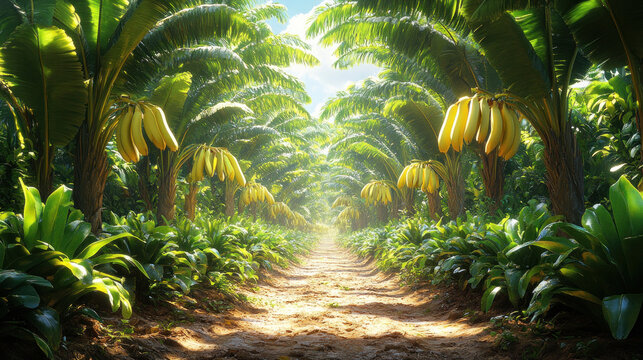Banana Grove: A dense banana plantation with bunches of bananas hanging from the plants, surrounded by lush greenery.