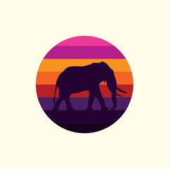 Silhouette of an elephant against a striped retro sunset. Original vector illustration in vintage style isolated on light background. T-shirt design.