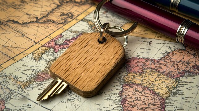 Wooden keychain with key on an old map, travel concept.