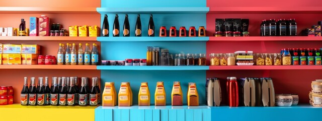 Colorful grocery store shelves with various products