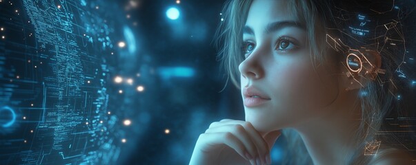 Silhouette of a Thoughtful Woman with Digital Globe and Data Visualizations Symbolizing Global Connectivity and Technological Innovation