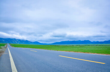 Highway view through green grasslands