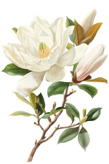 A illustration of vibrant Magnolia flowers with lush green leaves, perfect for floral themes and nature designs, watercolor art, PNG transparent background