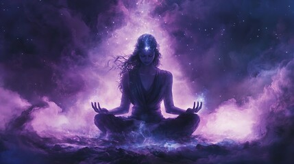 Silhouette of a woman meditating in lotus pose against a fantastical cosmic space background with abstract vibrant art new beautiful stock image illustration AI