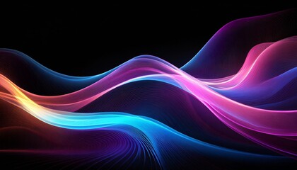 big neon wave background for design; light painting on black backdrop, flash and smoke