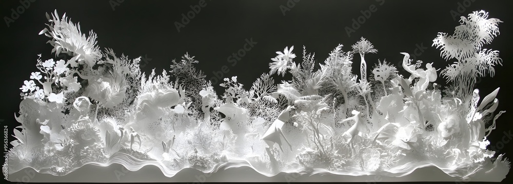 Poster 21. a series of floating, intricate paper cuts arranged to create a sense of depth and layered dimen
