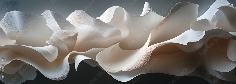 Poster 23. abstract, layered paper forms creating a flowing, textured arrangement with a sense of three-dim