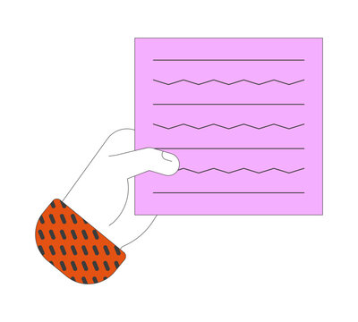 recommend clip art: Hand holding paper cartoon illustration. Sheet with text strokes. Offering official commercial document to approve linear 2D vector image, white background. Editable colorful flat clipart