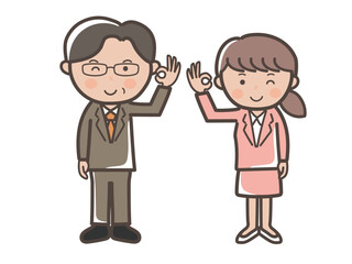 OKサインを出すスーツ姿の男女ビジネスマンの全身イラスト_上司と部下セット