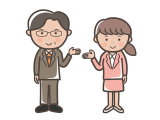 説明や紹介をするスーツ姿の男女ビジネスマンの全身イラスト_上司と部下セット