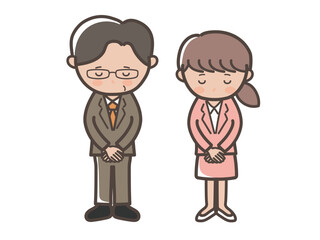 頭を下げて謝るスーツ姿の男女ビジネスマンの全身イラスト_上司と部下セット