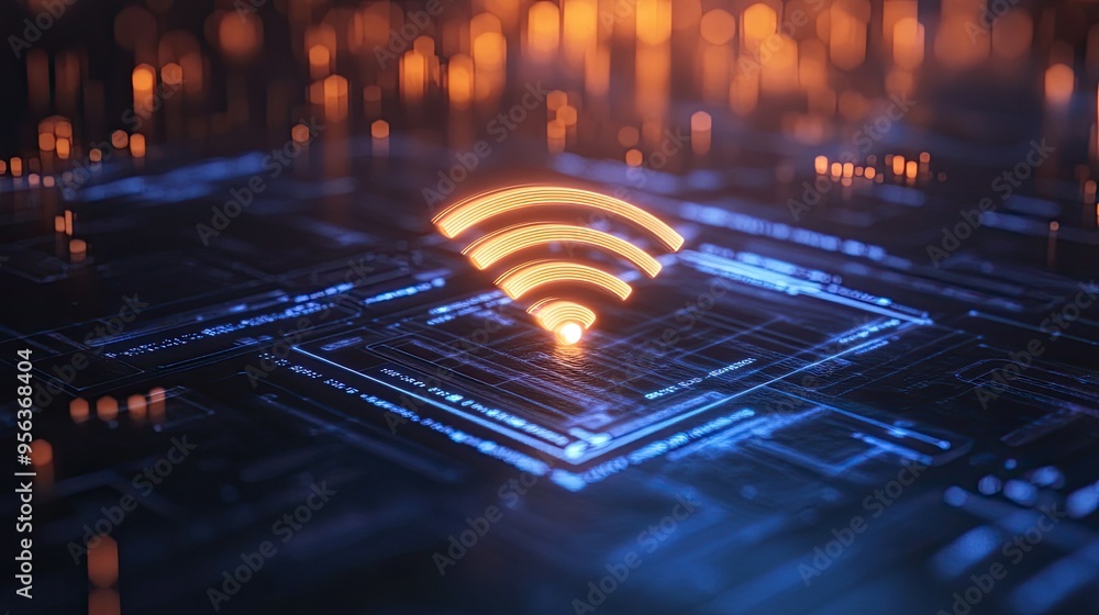 Poster a 3d wi-fi symbol floating above a digital interface, representing seamless, high-tech connections.