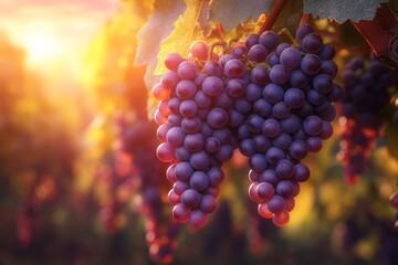 Ripe Red Grapes Hanging from Vine at Sunset