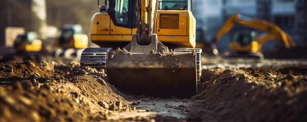 Fototapeta premium Buldozer digging a foundation of house. building construction